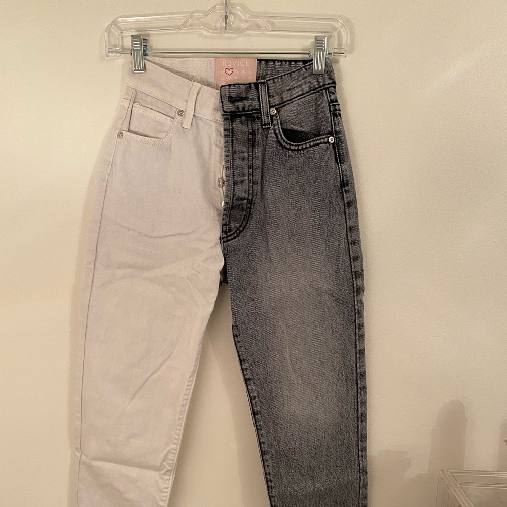 Gray and white revice jeans